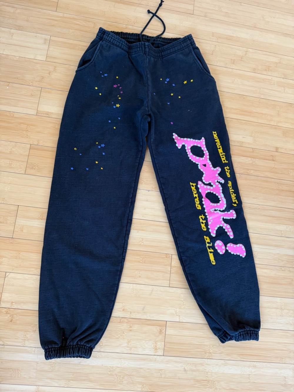 Women Black Jogger Sweatpants with Pink Graphic size M elastic waist + free gift